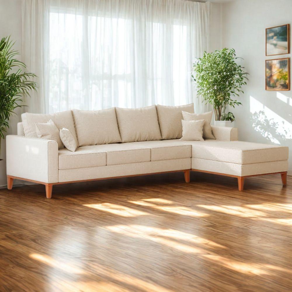 Sofá 4 Lugares Beny Com Chaise Direito Linho Bege - 1