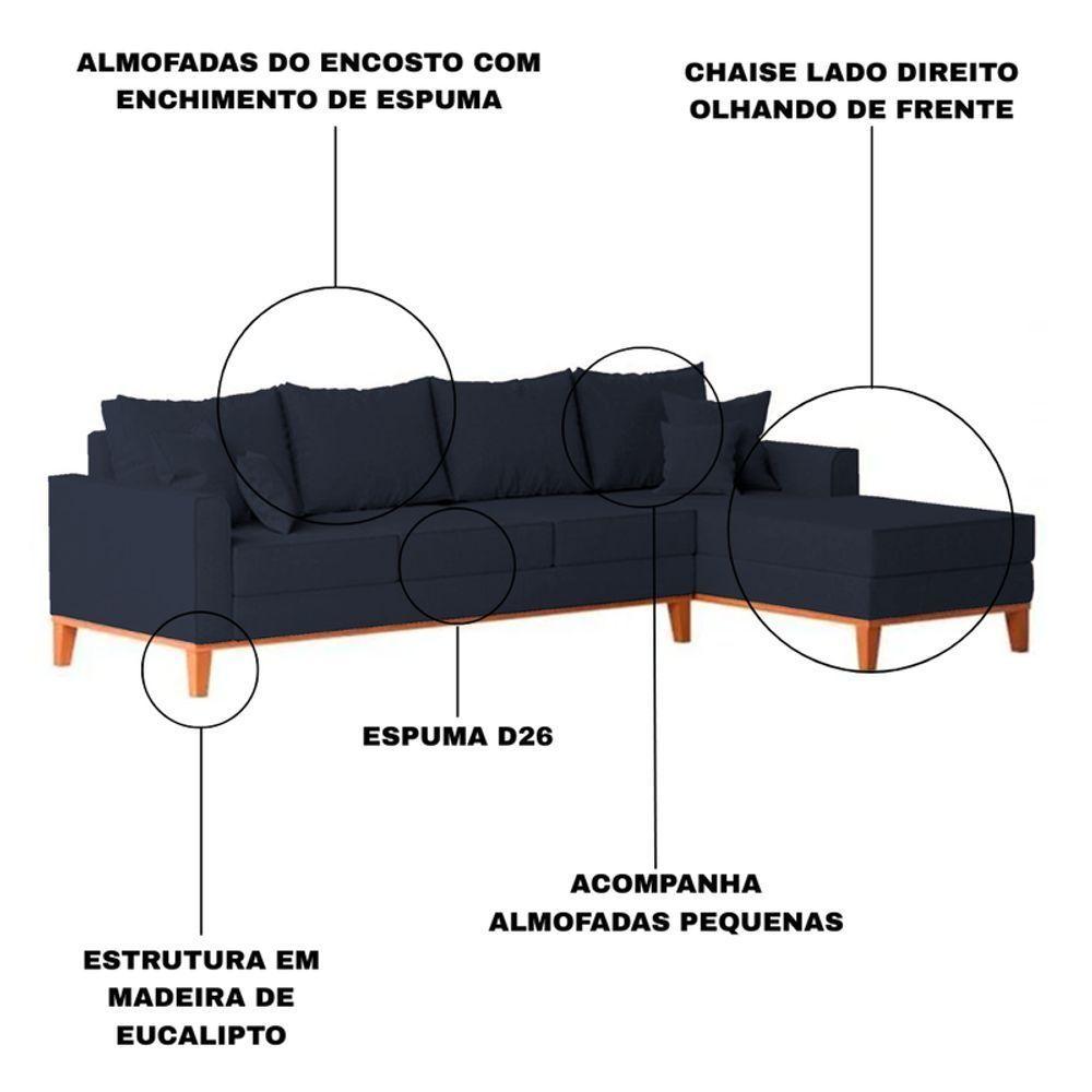 Sofá 4 Lugares Beny Com Chaise Direito Linho Azul - 3