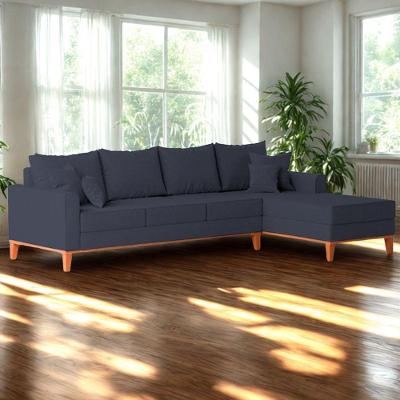 Sofá 4 Lugares Beny Com Chaise Direito Linho Azul