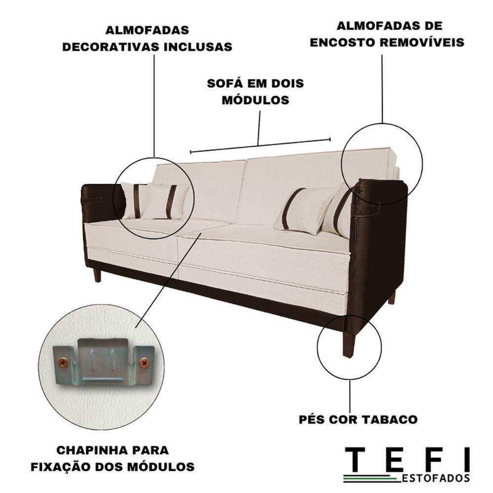 Sofá 3 Lugares Modular Filipi 2,12m Sala Recepção Clínica Cor:linho Bege-corino Marrom - 6