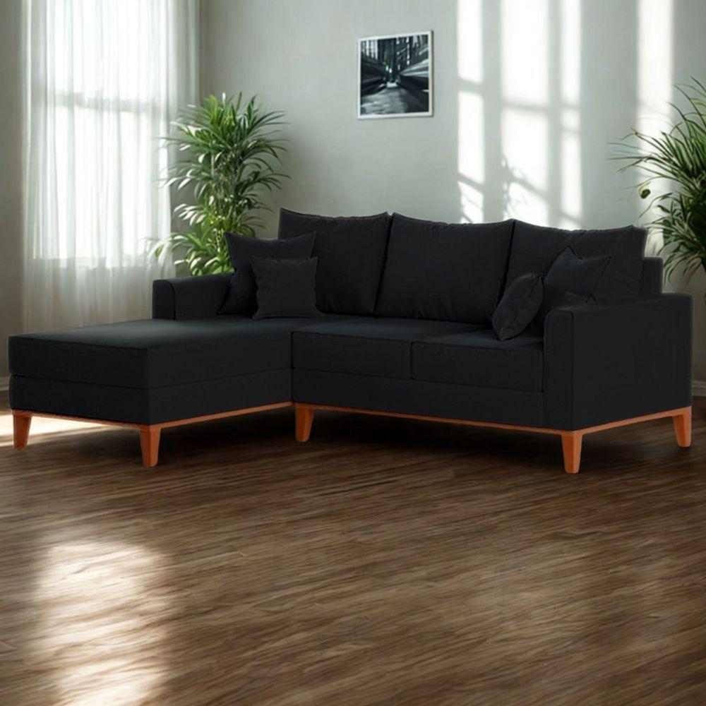 Sofá 3 Lugares Beny Com Chaise Esquerdo Linho Preto - 1