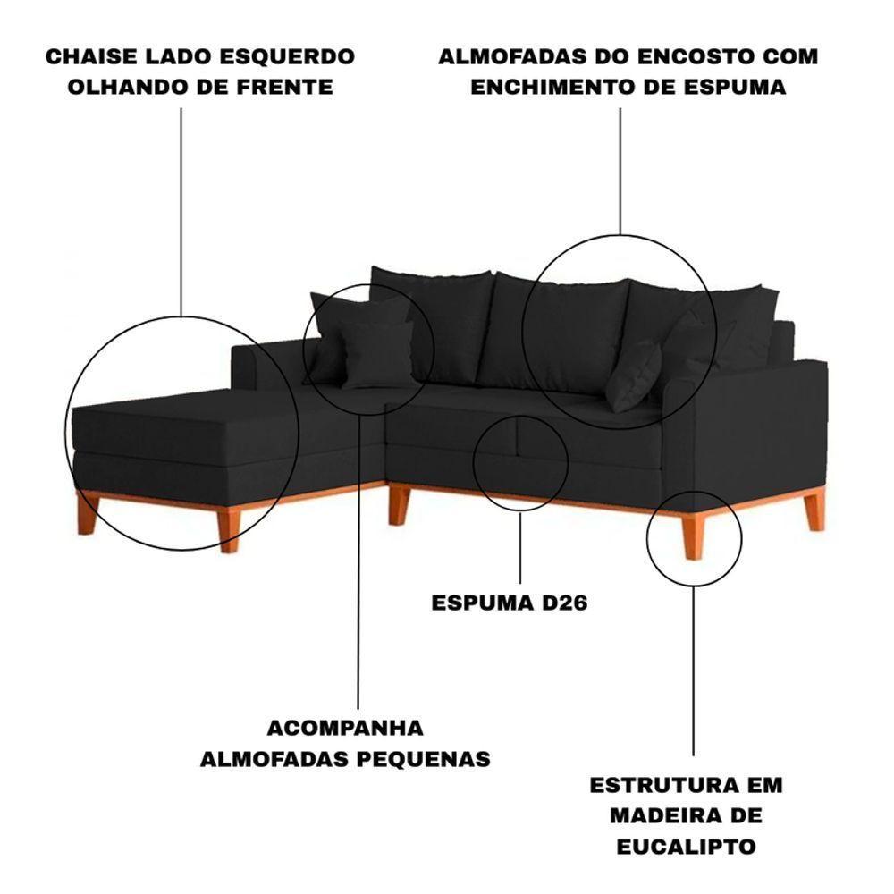 Sofá 3 Lugares Beny Com Chaise Esquerdo Linho Preto - 5