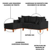 Sofá 3 Lugares Beny Com Chaise Esquerdo Linho Preto - 5