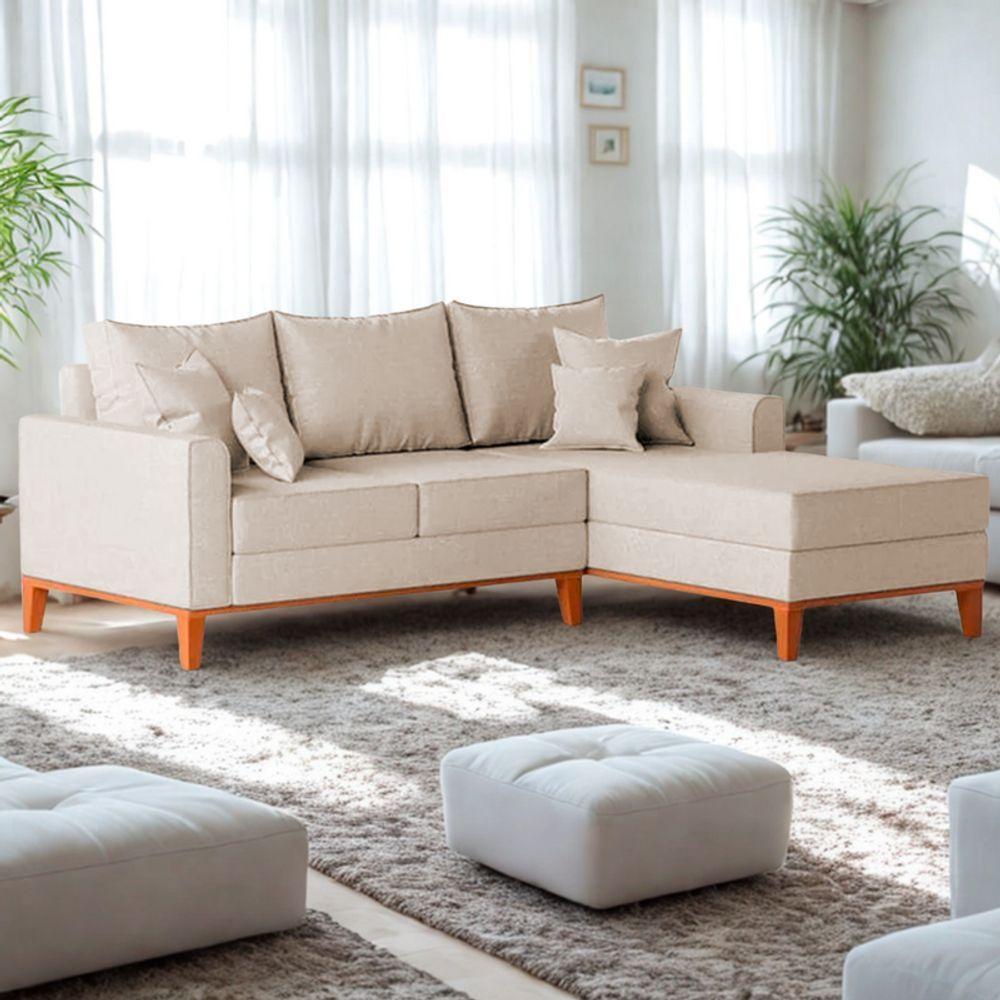 Sofá 3 Lugares Beny Com Chaise Direito Suede Bege - 1