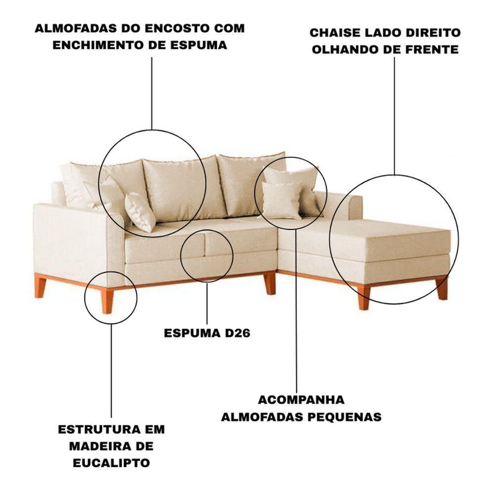 Sofá 3 Lugares Beny Com Chaise Direito Suede Bege - 6
