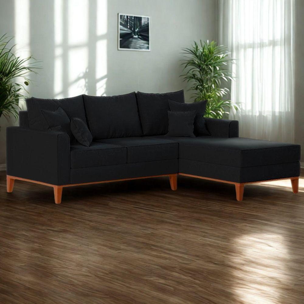 Sofá 3 Lugares Beny Com Chaise Direito Linho Preto - 1