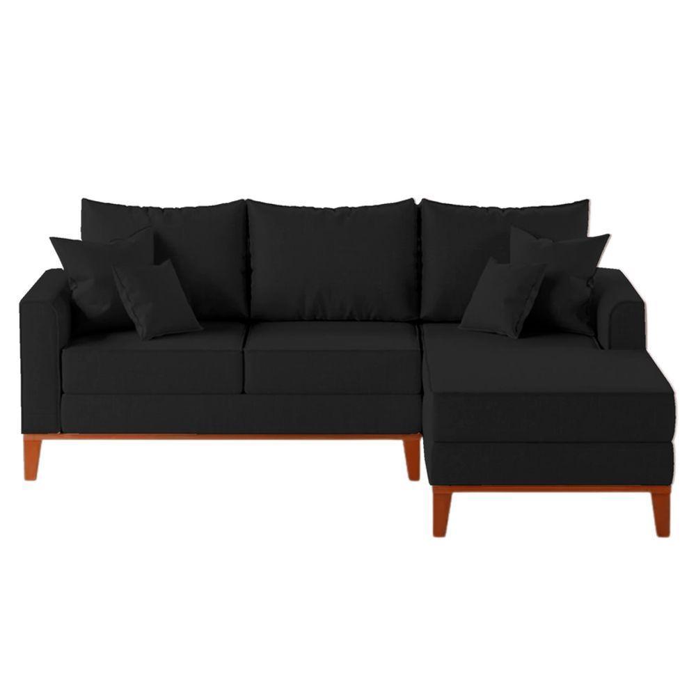 Sofá 3 Lugares Beny Com Chaise Direito Linho Preto - 2