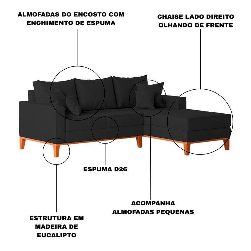 Sofá 3 Lugares Beny Com Chaise Direito Linho Preto - 6