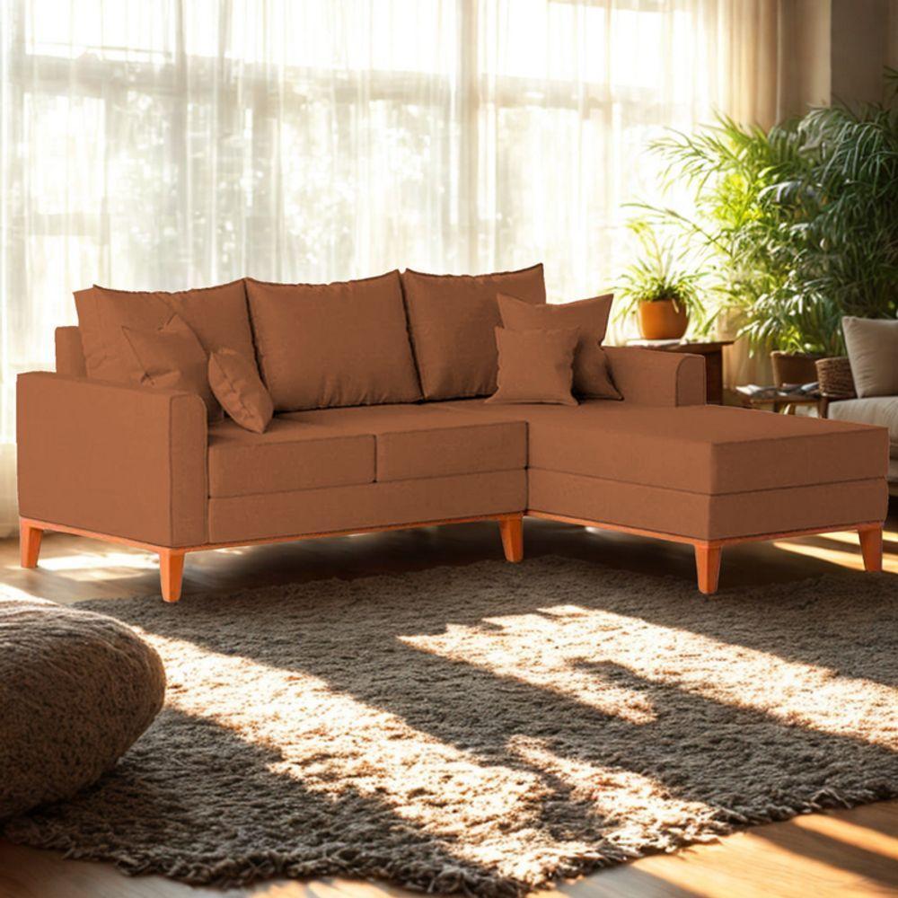 Sofá 3 Lugares Beny Com Chaise Direito Linho Terracota - 1