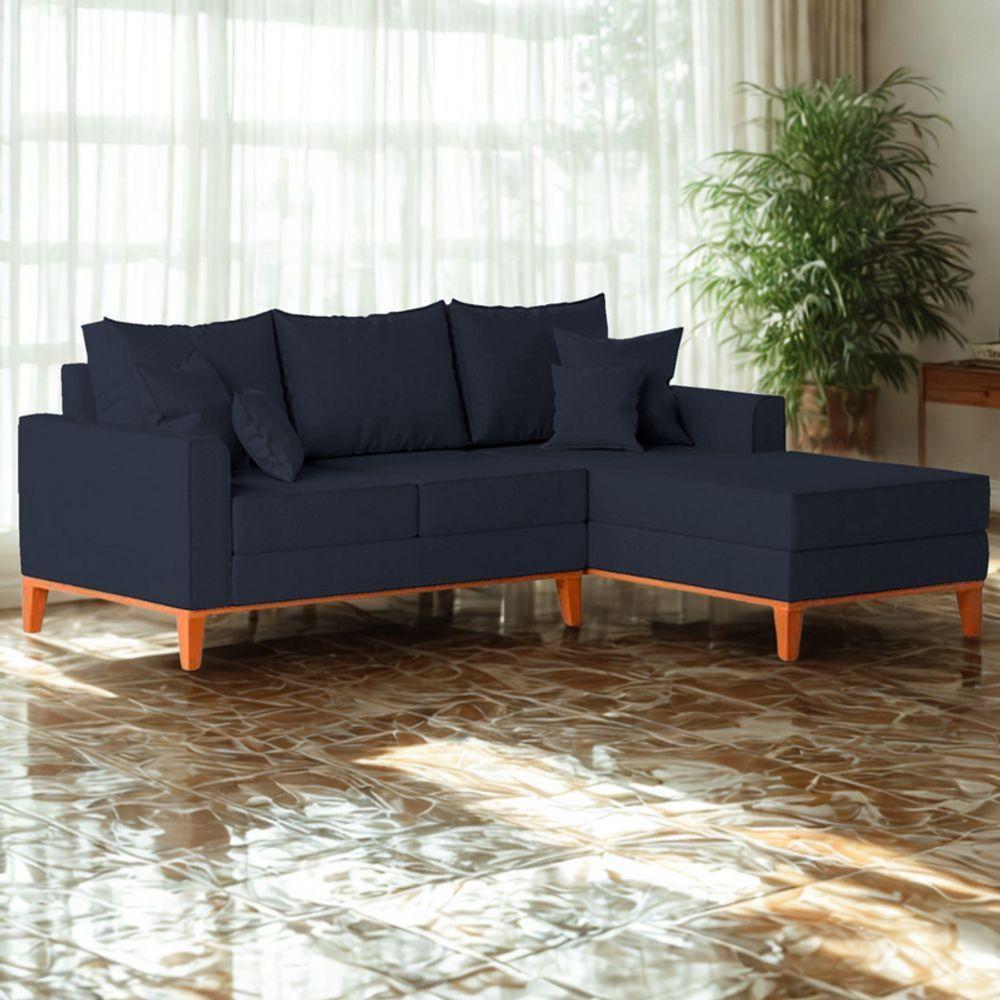 Sofá 3 Lugares Beny Com Chaise Direito Linho Azul - 1