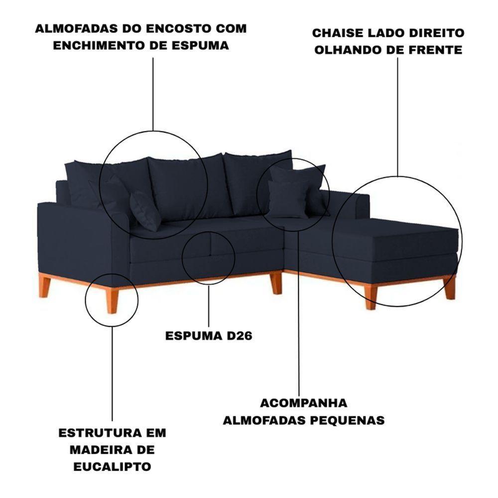 Sofá 3 Lugares Beny Com Chaise Direito Linho Azul - 6