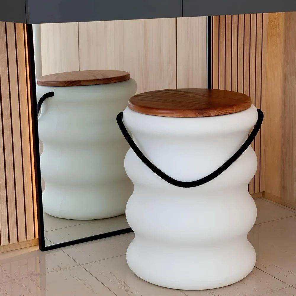 Banqueta Estilo Ondulado Com Tampo De Madeira E Alça De Corda Náutica - 5