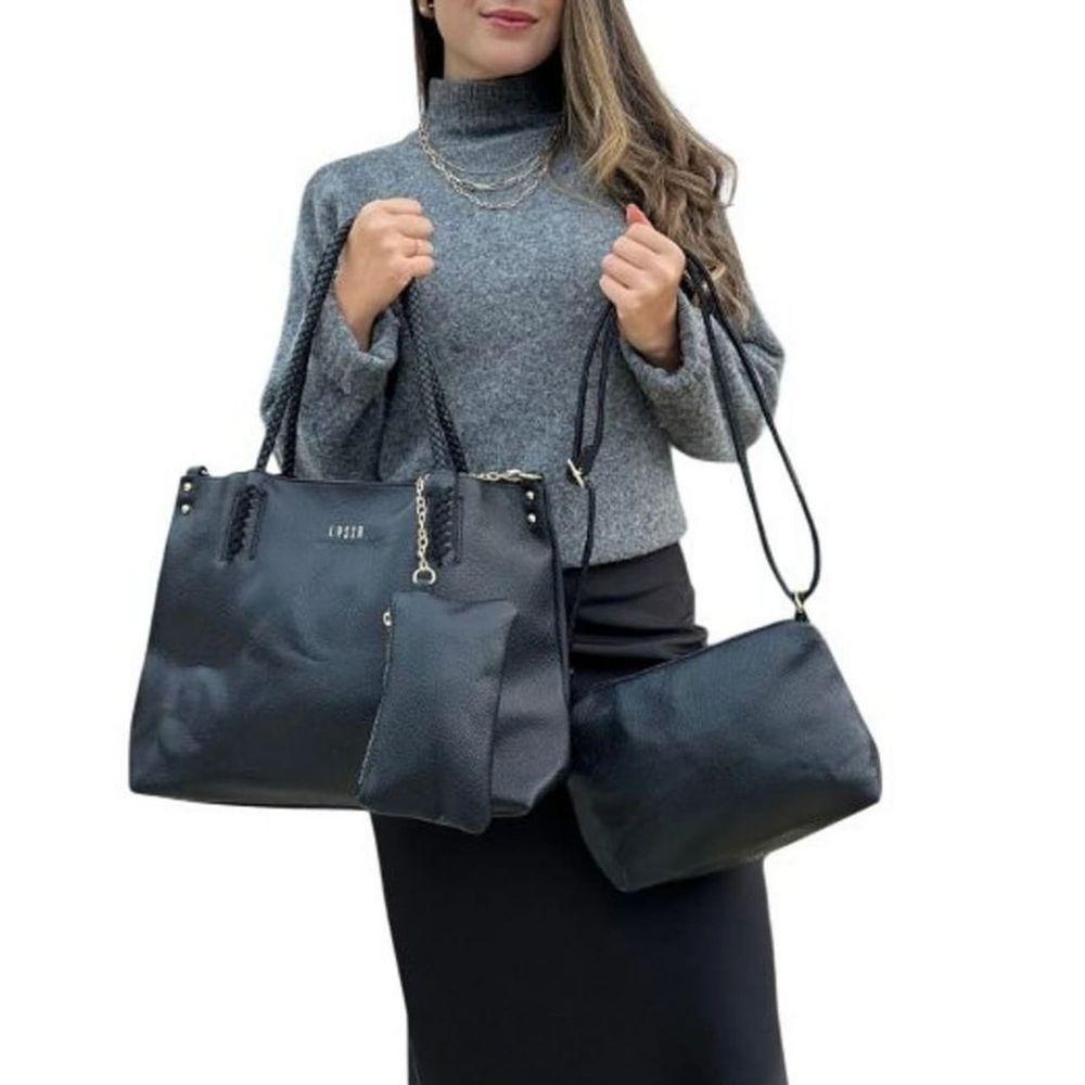 Kit 3 Peças Bolsa Feminina Estilo Tote Lyssa Preta - 1
