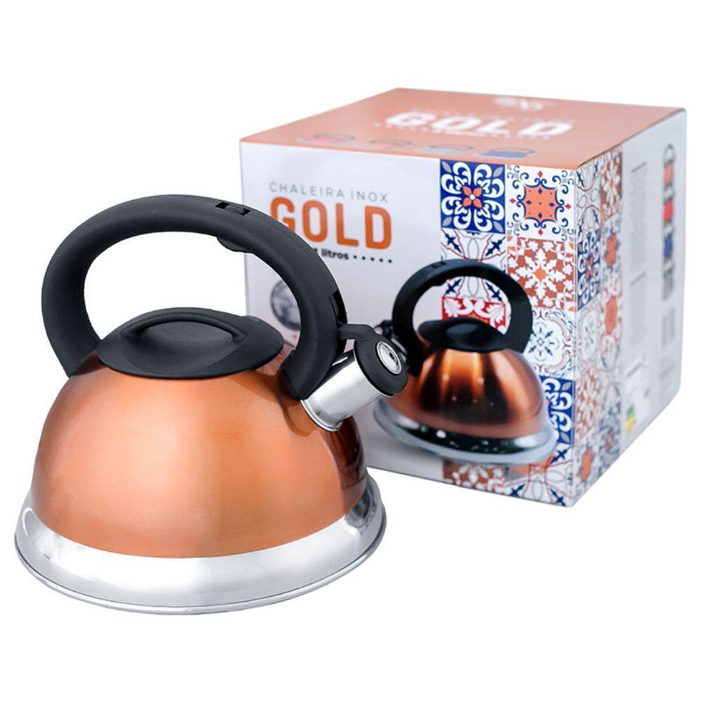 Chaleira Inox Dourada Com Apito E Fundo Duplo - Sofisticação E Praticidade Na Cozinha - 4