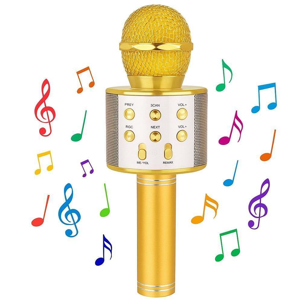 Microfone Karaoke Bluetooth Portatil Infantil Sem Fio Alto Falante Show Festa Escola Youtuber Dourado - 1