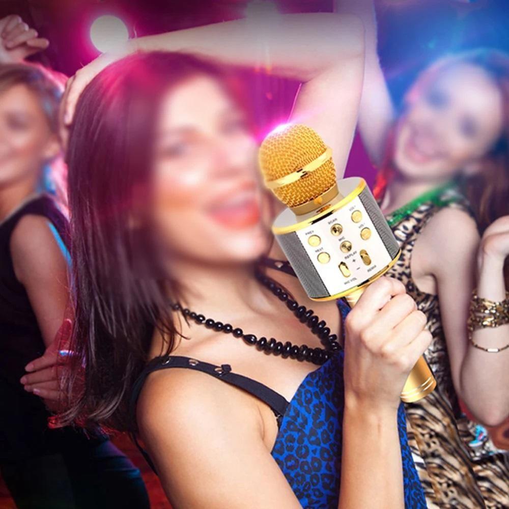 Microfone Karaoke Bluetooth Portatil Infantil Sem Fio Alto Falante Show Festa Escola Youtuber Dourado - 2