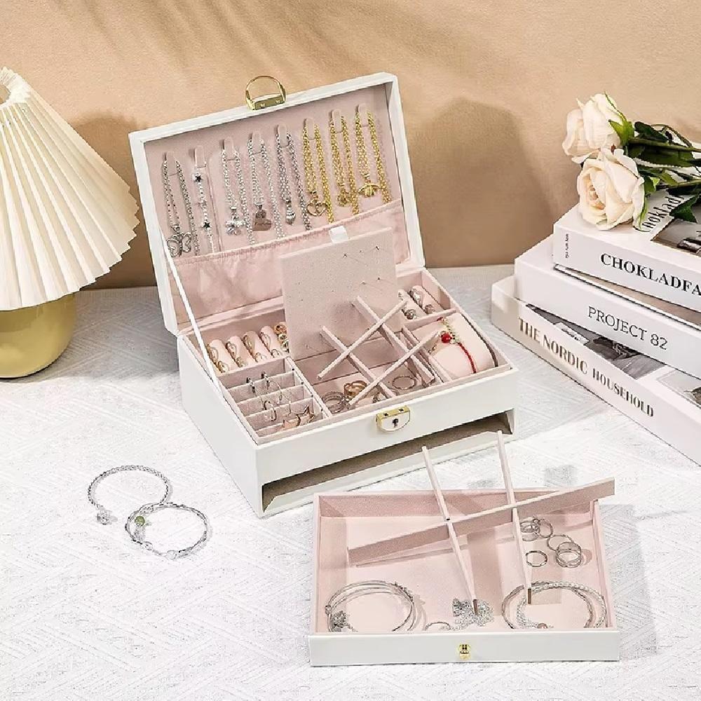 Maleta Organizador De Joias Com Gaveta Portatil 2 Andares Para Brincos Aneis Relogio Viagem Luxo Branco - 4