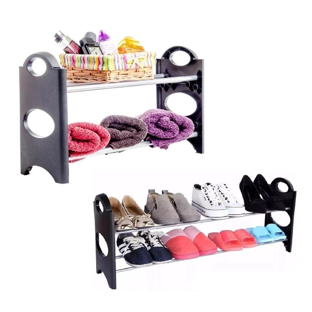 Sapateira 12 Pares Grande Ampliavel Empilhavel Estante Desmontavel 4 Prateleiras Em Aluminio Organizadora Preta - 4