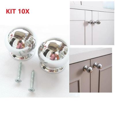 Kit 10 Puxador Moveis Redondo Prata Luxo Gaveta Armario Ponto Bola Furo Unico Parafuso