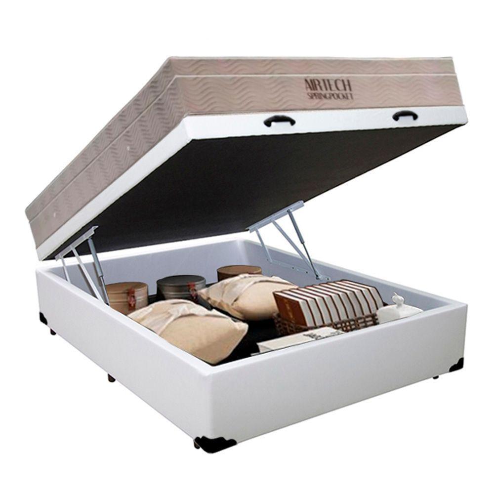 Cama Box Baú Casal Sintético + Colchão Molas Ensacadas Ortobom Airtech Springpocket 138x188x67 Branco - 3