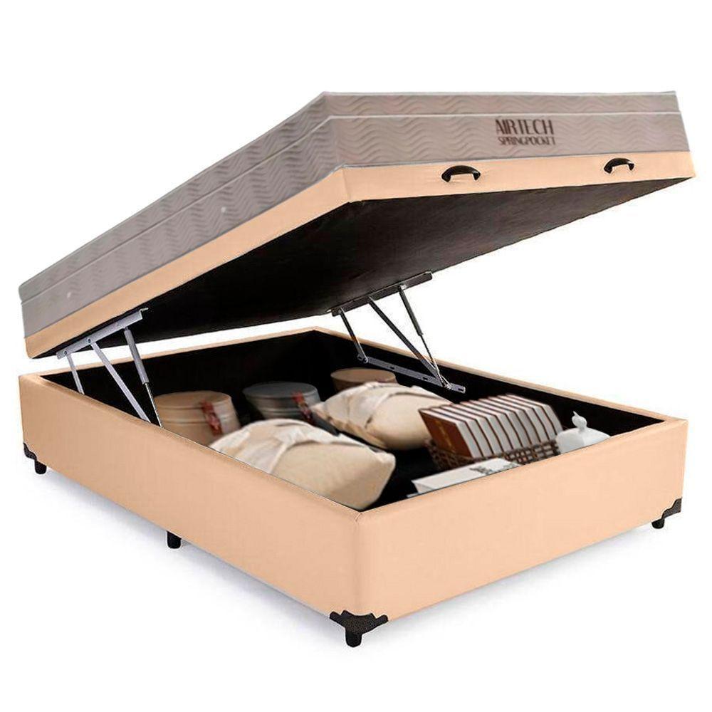 Cama Box Baú Casal Sintético + Colchão Molas Ensacadas Ortobom Airtech Springpocket 138x188x67 Bege - 3