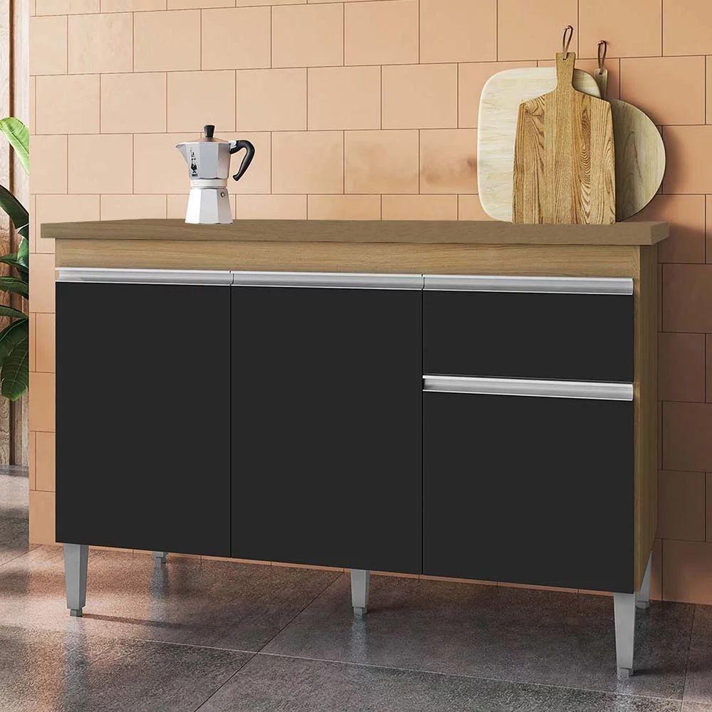 Balcão Gabinete 3 Portas Cozinha 120cm Tatiane Sem Tampo Ajl Amêndoa Preto - 2