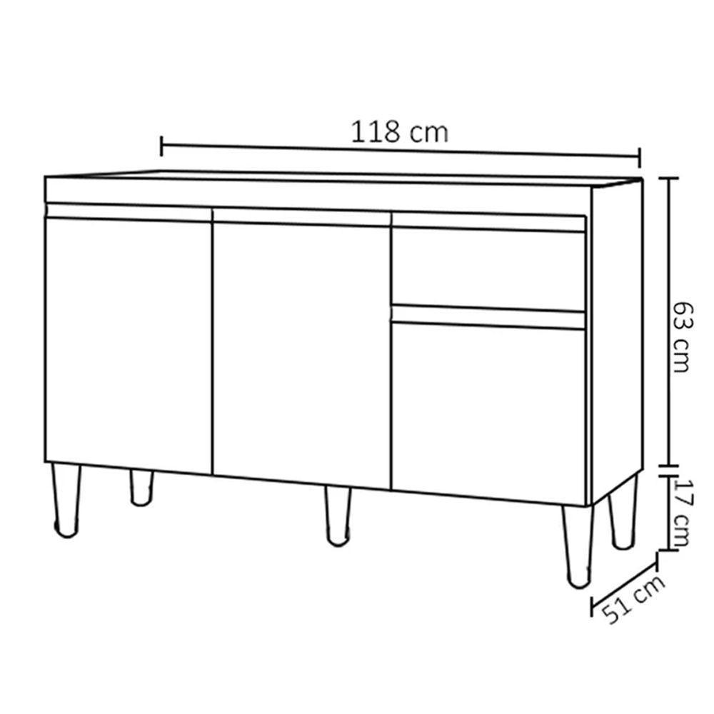 Balcão Gabinete 3 Portas Cozinha 120cm Tatiane Sem Tampo Ajl Amêndoa Preto - 4