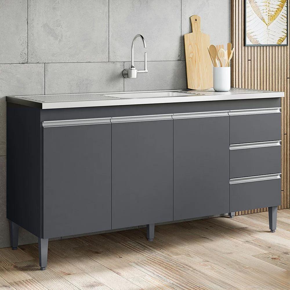 Balcão Gabinete Cozinha Andreia 3 Portas 150cm S-t Ajl Cinza - 2