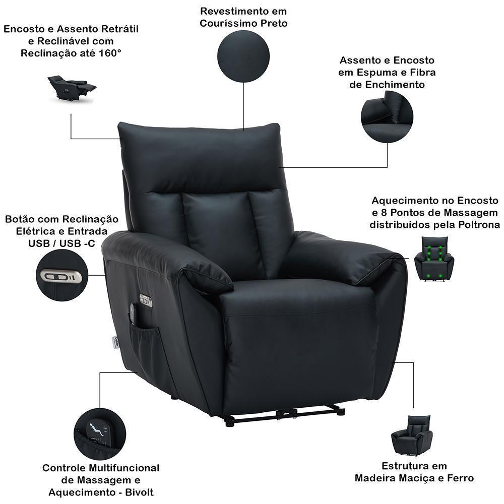 Poltrona Do Papai Reclinável Elétrica Com Massagem E Aquecimento Velutti L07 Couríssimo Preto - Lyam - 3