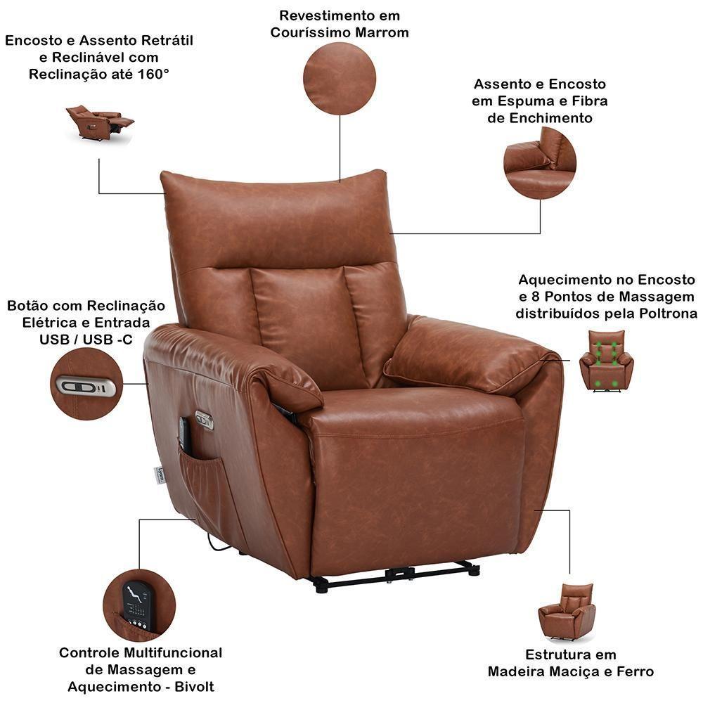Poltrona Do Papai Reclinável Elétrica Com Massagem E Aquecimento Velutti L07 Couríssimo Marrom - Lyam - 3