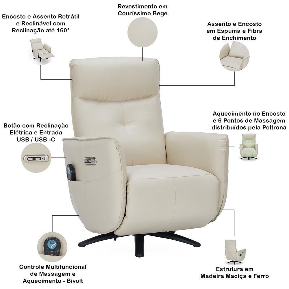 Poltrona De Massagem Reclinável Elétrica Com Aquecimento Bravinni L07 Couríssimo Bege - Lyam Decor - 4