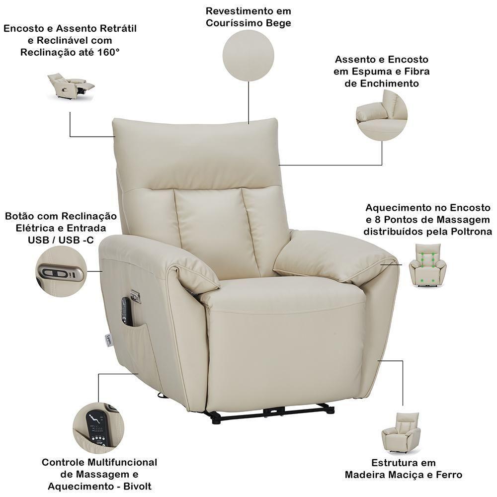 Poltrona Do Papai Reclinável Elétrica Com Massagem E Aquecimento Velutti L07 Couríssimo Bege - Lyam - 4