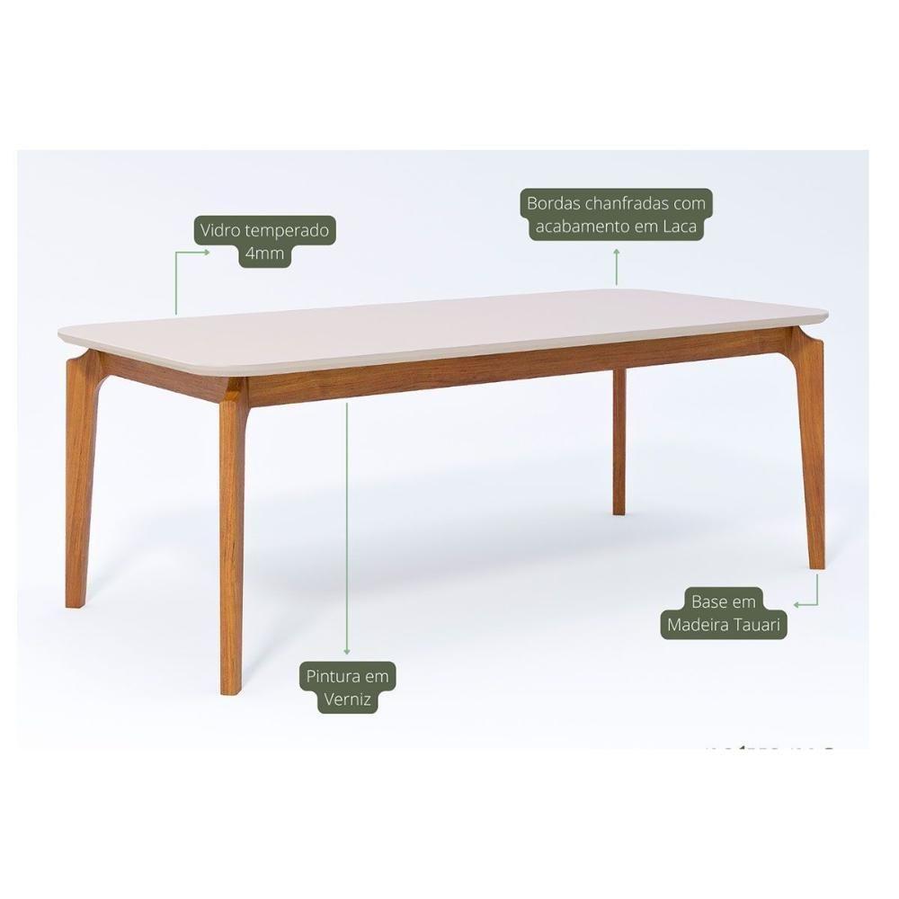 Mesa De Sala Jantar Ficus C- Tampo Madeirado Vidro 210x100cm Carvalho-off White - Cimol - 2