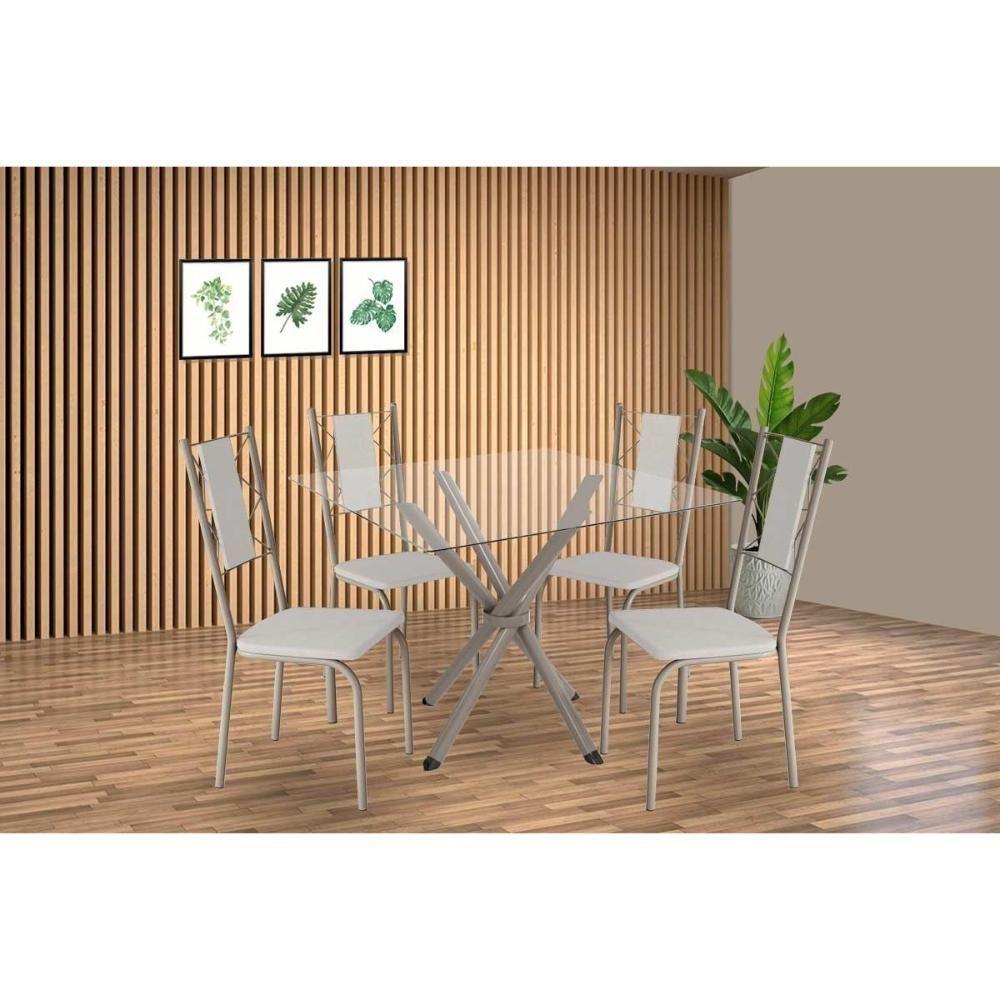 Conjunto: Mesa Sala Jantar Volga C- Tampo De Vidro 90cm E 4 Cadeiras Lisboa Niquel - Courano Branco - Kappesberg - 1