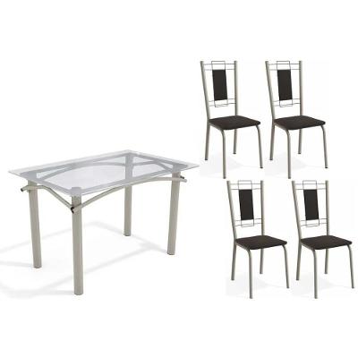 Conjunto: Mesa De Cozinha Elba C- Tampo De Vidro 120cm E 4 Cadeiras Florença Niquel - Courano Preto - Kappesberg