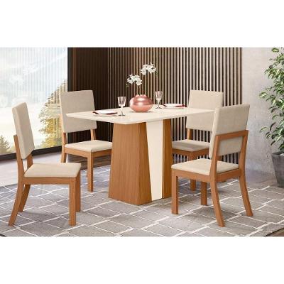 Conjunto: Mesa De Cozinha Orus Tampo Madeirado C- Vidro 120x80cm E 4 Cadeiras Milla Nature-linho - Henn