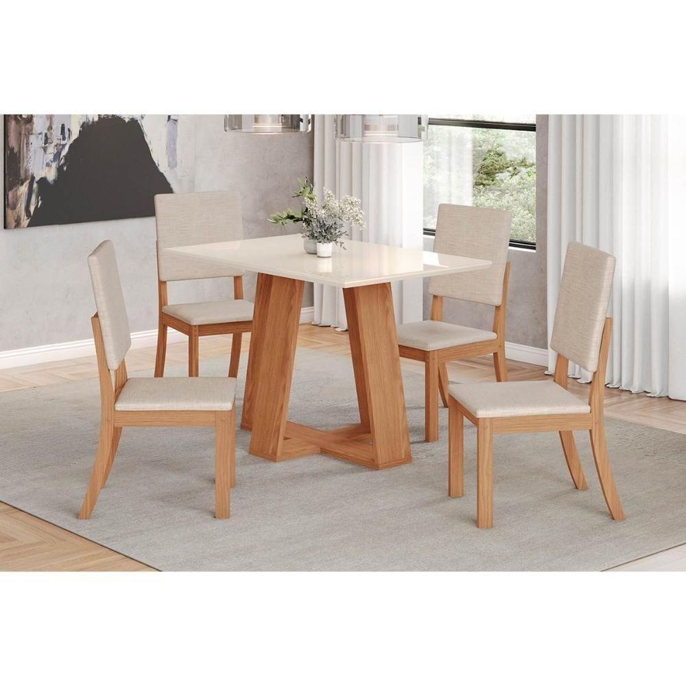 Conjunto: Mesa De Cozinha Lins C- Tampo Madeirado 120x80cm E 4 Cadeiras Milla Nature-off White - Linho Bege - Henn - 1