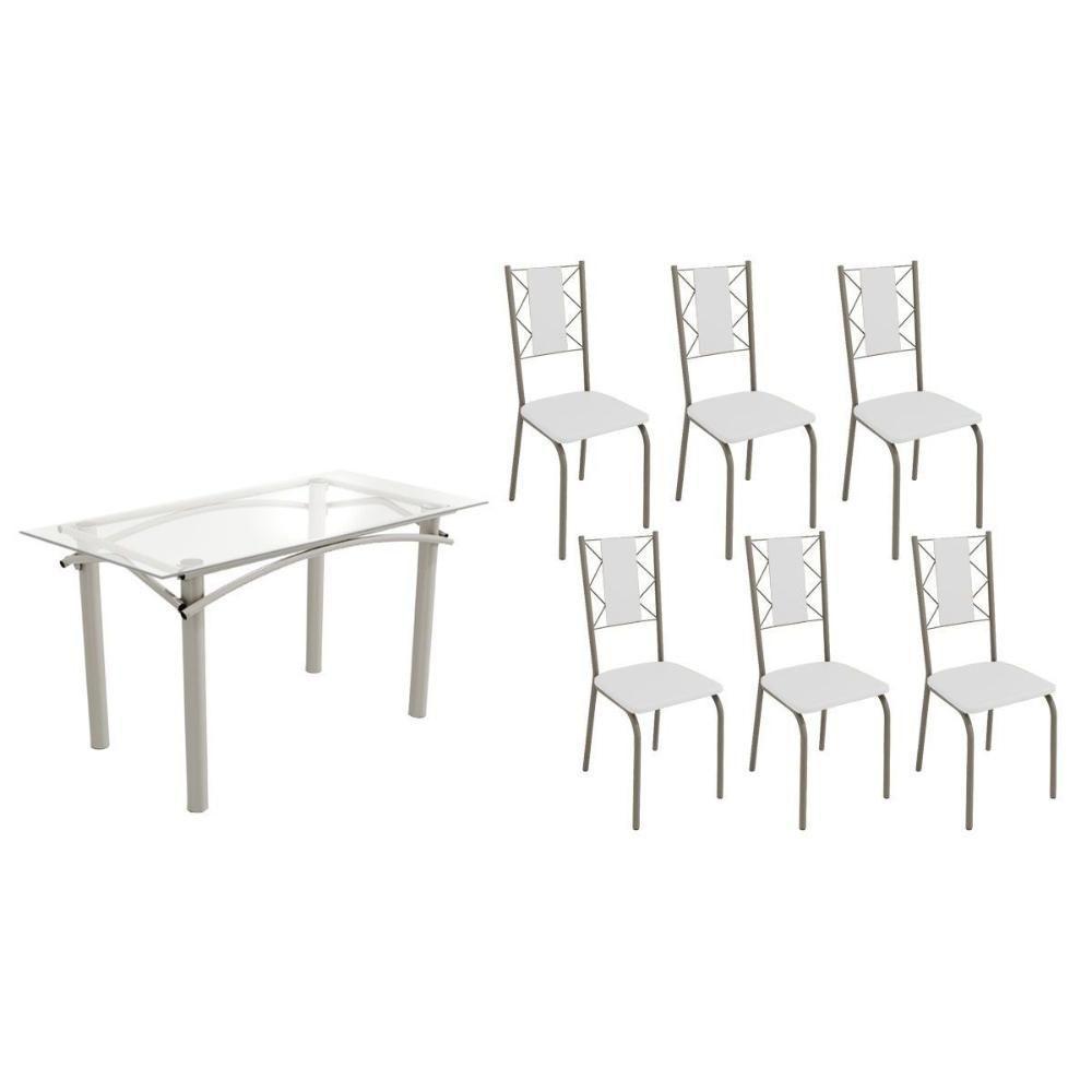 Conjunto: Mesa De Cozinha Elba C- Tampo De Vidro 150cm E 6 Cadeiras Lisboa Niquel - Courano Branco - Kappesberg - 1