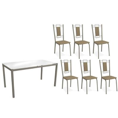 Conjunto: Mesa De Cozinha Reno C- Tampo De Vidro 150cm E 4 Cadeiras Florença Niquel - Courano Capuccino - Kappesberg