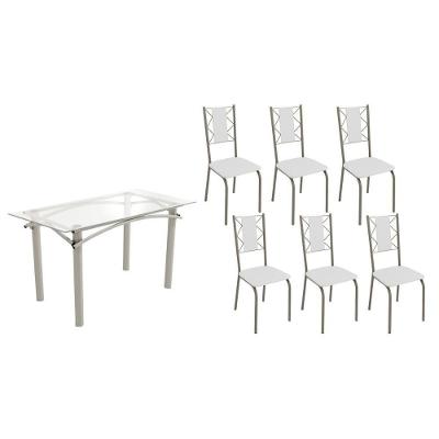 Conjunto: Mesa Sala Jantar Elba C- Tampo De Vidro 150cm E 6 Cadeiras Lisboa Niquel - Courano Branco - Kappesberg