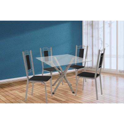Conjunto: Mesa Sala Jantar Volga C- Tampo De Vidro 90cm E 4 Cadeiras Florença Niquel - Courano Preto - Kappesberg