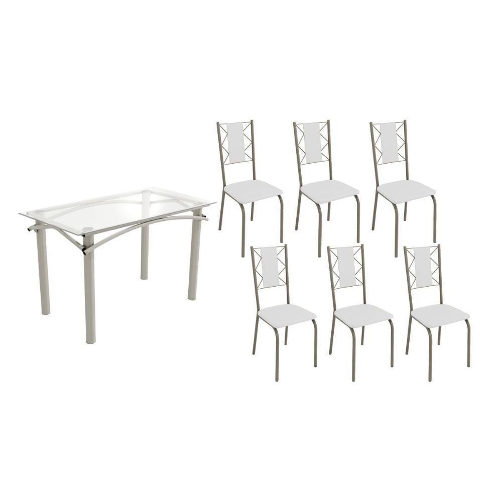 Conjunto: Mesa De Cozinha Elba C- Tampo De Vidro 120cm E 6 Cadeiras Lisboa Niquel - Courano Branco - Kappesberg - 1