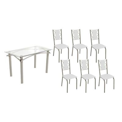 Conjunto: Mesa De Cozinha Elba C- Tampo De Vidro 120cm E 6 Cadeiras Lisboa Niquel - Courano Branco - Kappesberg