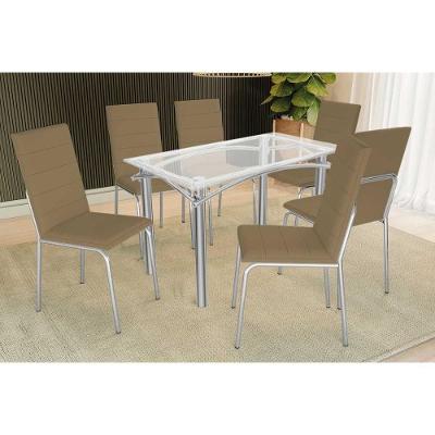 Conjunto: Mesa De Cozinha Elba C- Tampo De Vidro 120cm E 6 Cadeiras Amsterdã Cromada - Courano Capuccino - Kappesberg