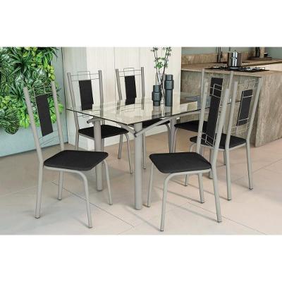 Conjunto: Mesa De Cozinha Elba C- Tampo De Vidro 150cm E 6 Cadeiras Florença Niquel - Courano Preto - Kappesberg
