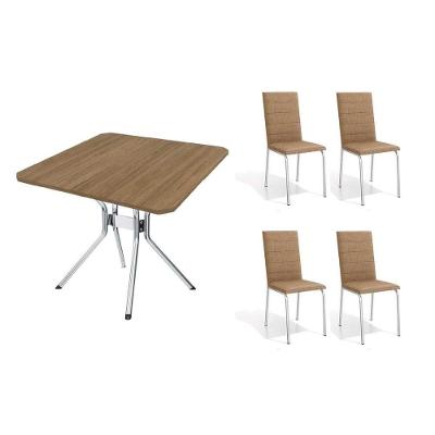 Conjunto: Mesa Sala Jantar Loire C- Tampo De Madeira 90cm + 4 Cadeiras Amsterdã Cromada-capuccino - Kappesberg