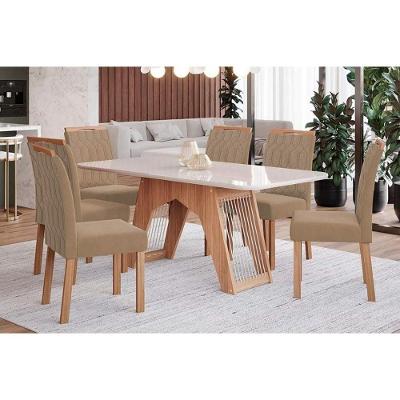 Conjunto: Mesa De Cozinha Carol Tampo Madeirado C- Vidro 180x90cm E 6 Cadeiras Paola Nature-suede Joli Chocolate - Cimol