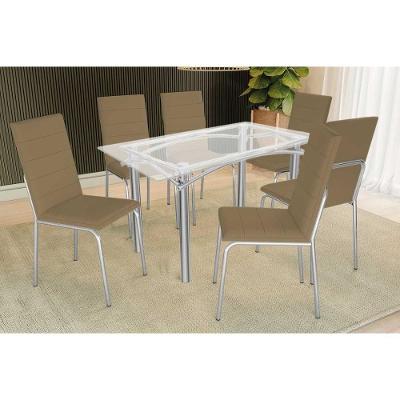 Conjunto: Mesa De Cozinha Elba C- Tampo De Vidro 150cm E 6 Cadeiras Amsterdã Cromada - Courano Capuccino - Kappesberg