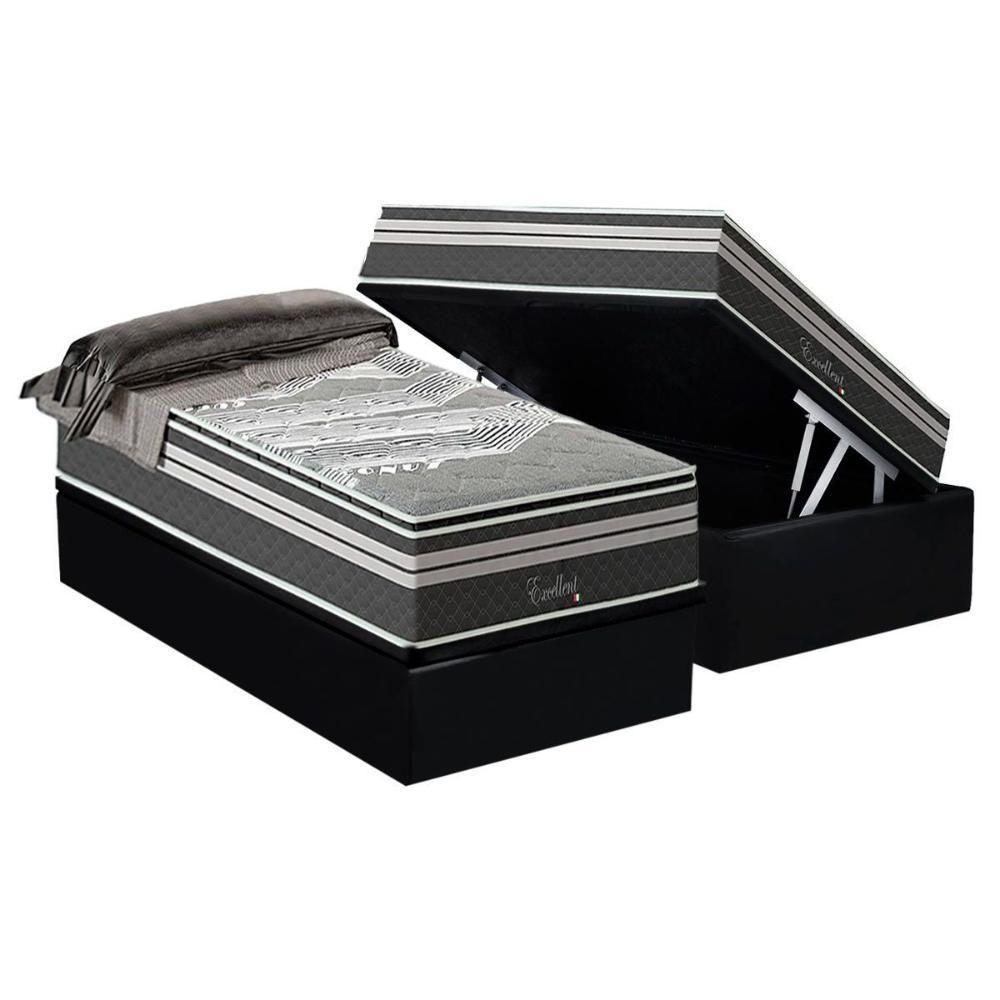 Cama Box Baú Solteiro: Colchão Molas Ensacadas Paropas Excellent Grafite + Base Crc Suede Black (88x188) - 1