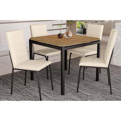 Conjunto: Mesa Sala Jantar Reno C- Tampo De Madeira 90cm E 4 Cadeiras Amsterdã Preto-ano Bege - Kappesberg